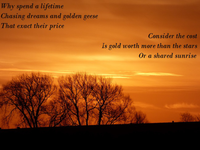 Why spend a lifetime Chasing dreams and golden geese That exact their price  Consider the cost Is gold worth more than the stars Or a shared sunrise