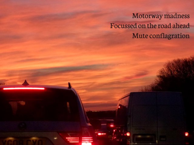 Motorway madness Focussed on the road ahead Mute conflagration