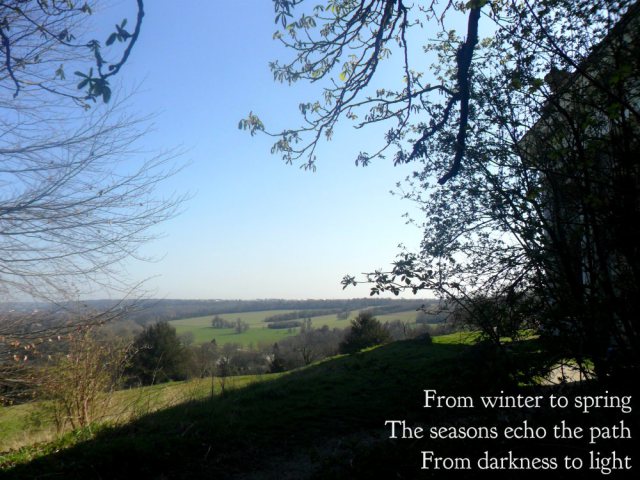 From winter to springThe seasons echo the path From darkness to light