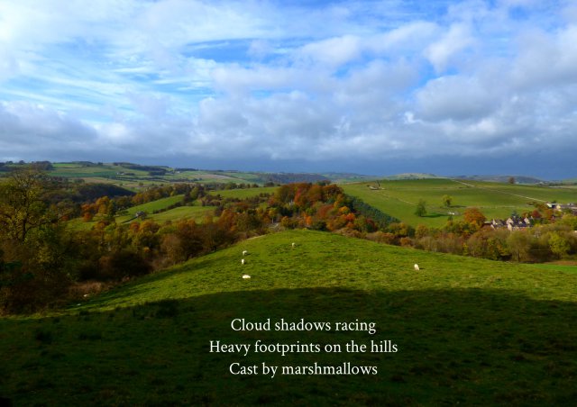 Cloud shadows racing Heavy footprints on the hills Cast by marshmallows