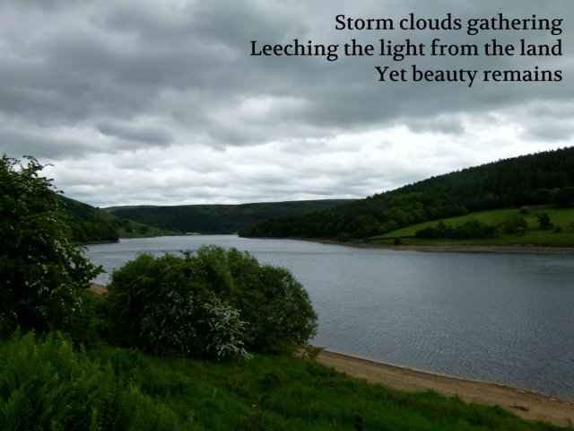 Storm clouds gathering Leeching the light from the land Yet beauty remains
