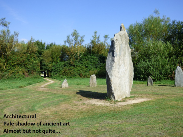 Architectural, pale shadow of ancient art, almost but not quite