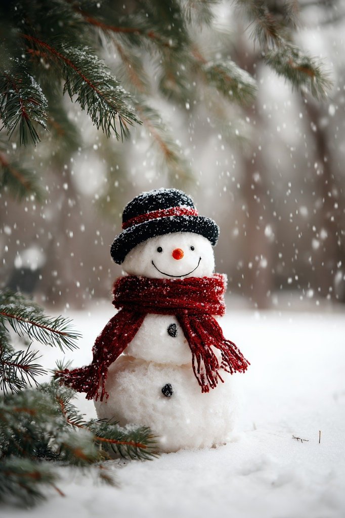 A cheerful snowman wearing a black hat and a red scarf, standing in a snowy landscape with pine branches in the background and snowflakes falling.
