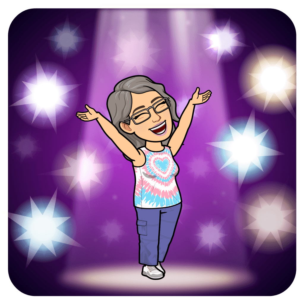 A vibrant cartoon character with glasses, wearing a colorful tie-dye shirt and blue pants, raises her arms joyfully under bright lights against a purple background.